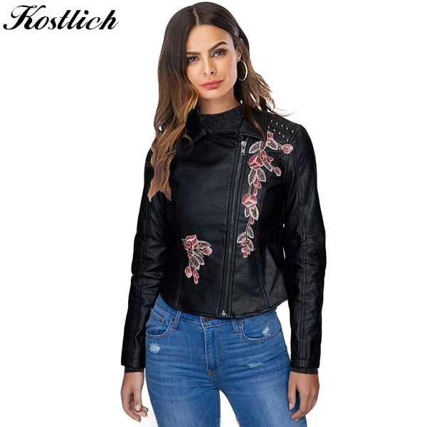 

women's jackets kostlich 2021 outwear floral embroidery faux leather jacket long sleeve zipper suede women coat autumn winter streetwea, Black;brown