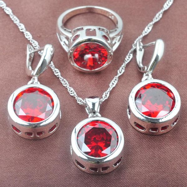 

earrings & necklace women's silver color jewelry sets round red zirconia wedding ring and set party gift 2021 tz0145