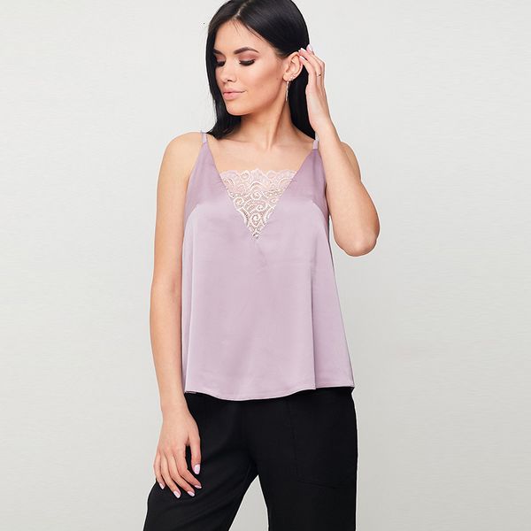 

tanks homewear lace parchwork sleeveless v neck lavender color casual satin 2021 women summer camis new fsahion, White