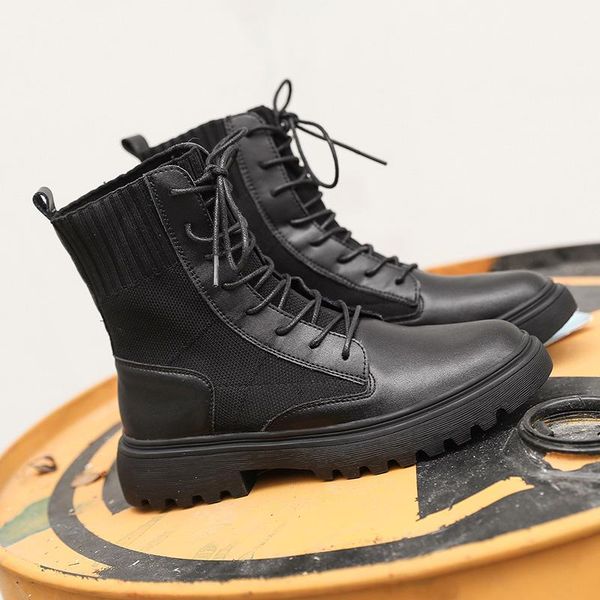 

boots fad winter plus size solid black leather sock women lace up square low heels shoes woman motorcycle