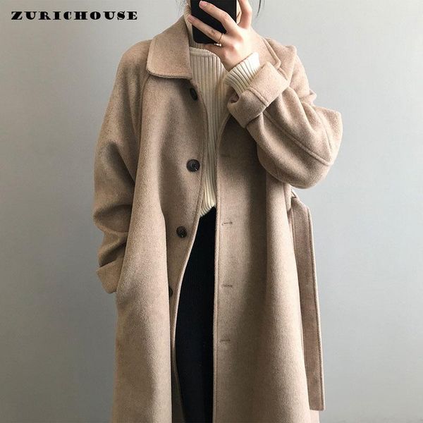 

women's wool & blends zurichouse women elegant long woolen coat turn down collar single breasted overcoat female loose winter casaco fe, Black