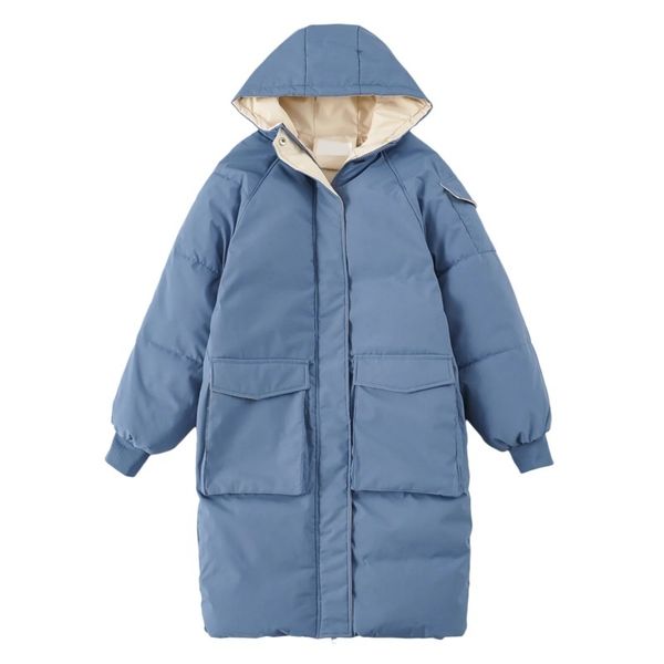 Мода прямой тонкий большой карман с капюшоном зима сгущается теплый длинный хлеб хлопковое пальто дамы 210521