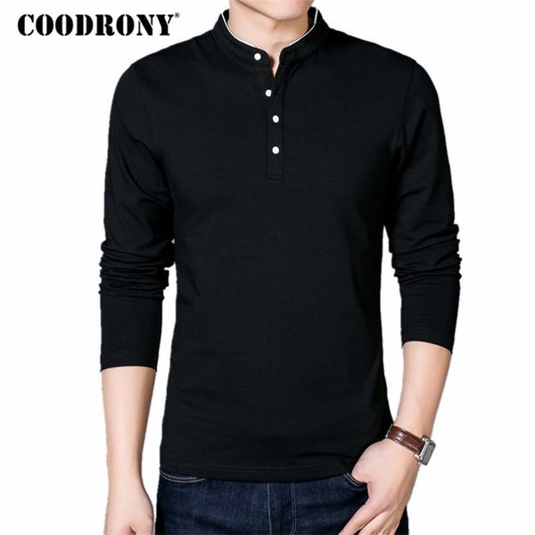 

coodrony t-shirt men spring autumn cotton t shirt solid color chinese style mandarin collar long sleeve tee 608 220312, White;black