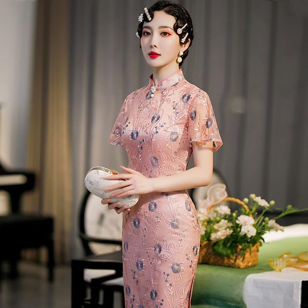 

ethnic clothing tulle vintage embroidery chinese dress slim pink cheongsams classic mandarin collar celebrity gown beading female qipao, Red