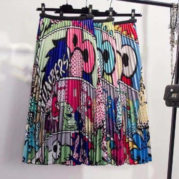 

cartoon parrot printing women pleated skirts 2021 fashion elastic waist casual summer long skirt, Black