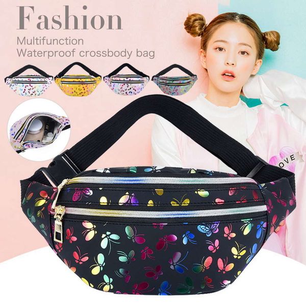 

2021 printed waist bag women colorful girls bum travel kids cartoon bling belt festival mobile phone pouch purse