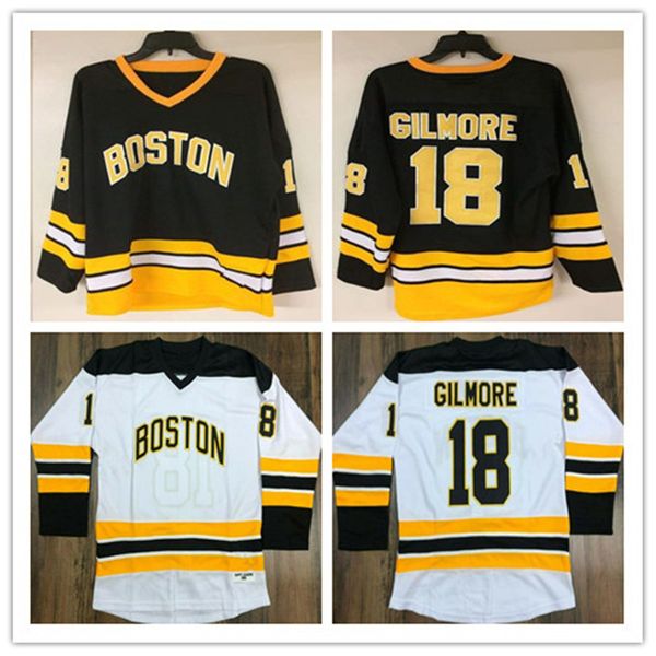 Maßgeschneiderte Vintage Happy Gilmore #18 ADAM SANDLER Hockey-Trikots Boston 1996 Movie Jersey Schwarz Weiß genäht S-5XL