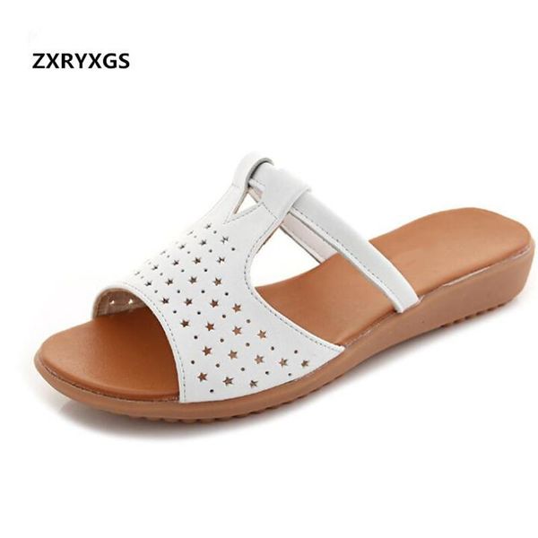 

hollow women casual sandals flat slippers summer comfortable soft non-slip wear real leather, Black