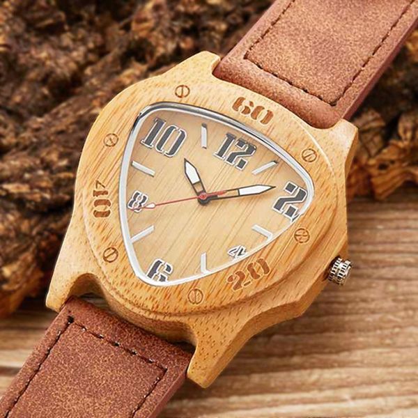 

wristwatches triangle wood watch men natural bamboo wooden watches male cowhide leather wrist retro brown clock montre homme, Slivery;brown