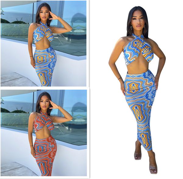 

womens two piece skirt suit summer backless tight waist fashion printing long dress set plus size dresses s-xxxxl, White