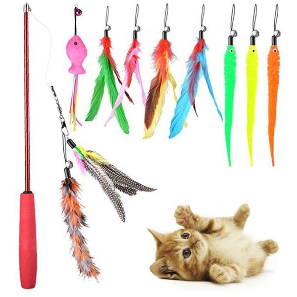

10pcs colorful cat teaser wand rod chase toys replacement refill plush worms pet interactive toy training playing stick