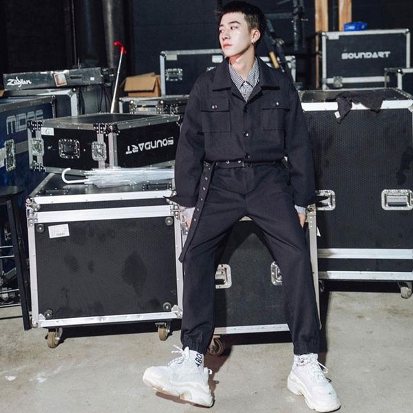 

men's pants japanese summer tide fashion jumpsuit tooling catwalk show stage hip hop wind, Black