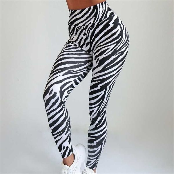 

ogilvy mather zebra stripes fitness leggings high waist woman quick drying elasticity slim pants workout 211204, Black