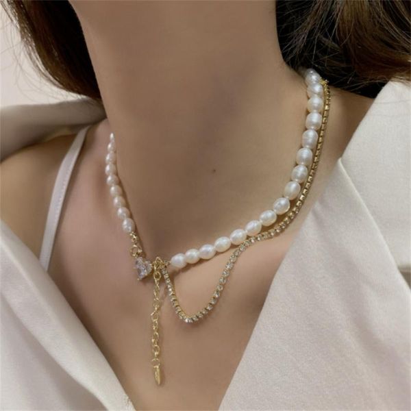 

chokers 14k gold french natural freshwater pearl zircon pendant stitched gem chain tassel necklace, Golden;silver