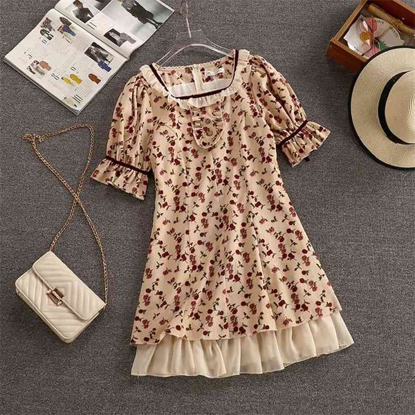 Verão Elegante Coreano Japão Estilo Vintage Floral Impresso A-Linha Festa Dres Dres Femininas Buff Manga Boho Praia Vestido Robe Femme 210514