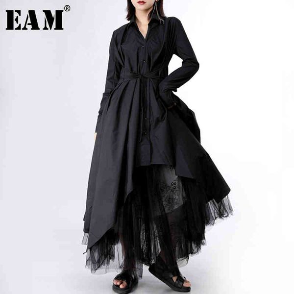 

[eam] - women's long sve t-shirt, irregular cut pleated drs, with buttons stitch, spring and autumn season, new in 2021, jy778, Black;gray