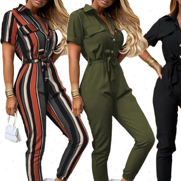 

80% salesoffice short sleeve womens jumpsuits v neck stripes print button belt one piece jumpsuit, Black;white