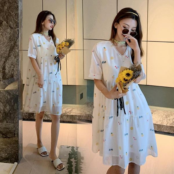 

653# maternity dress spring autumn cotton short sleeve loose stylish pregnant women mom dresses, White