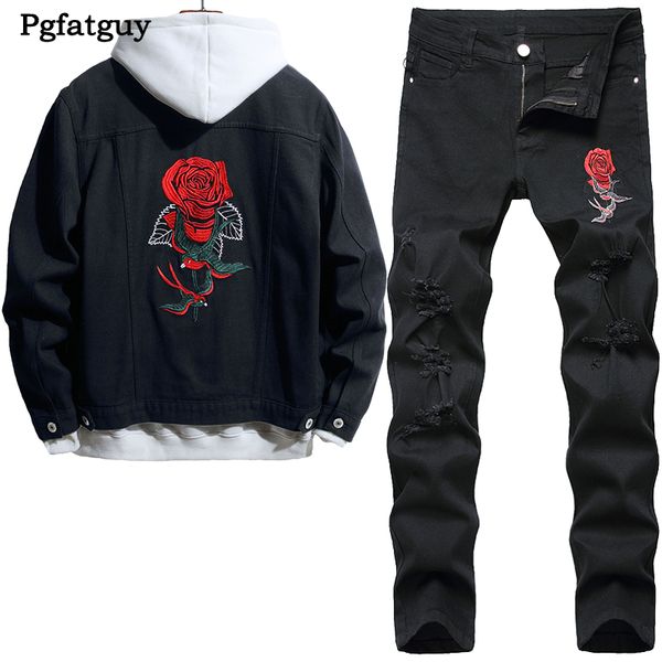 Tute ricamate con fiori di rosa nera Abito in due pezzi Giacca da uomo Jeans Modello di personalità Cappotto in denim e pantaloni slim strappati elasticizzati