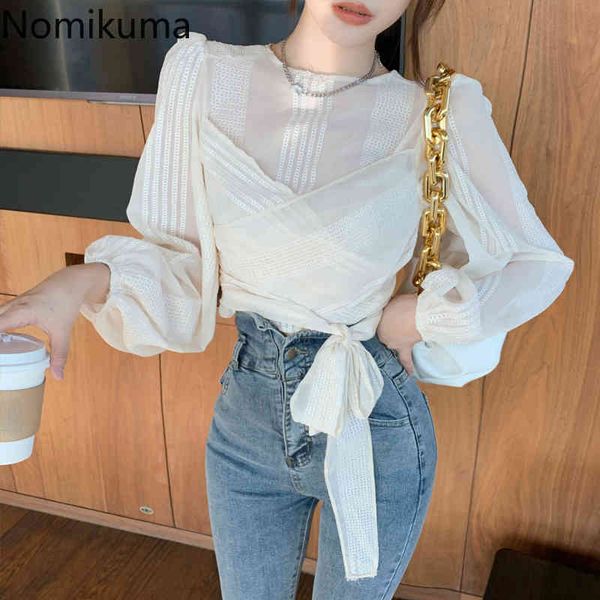 

nomikuma autumn vintage lace shirt backless slim waist o neck puff sleeve blouses women blusas mujer korean style 3d369 210514, White