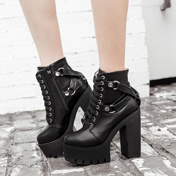 

boots arrivals square high heels thick platform chic winter shoes women shoelaces belt motorcycles ankle boot footwear, Black