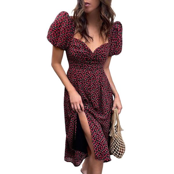 

casual dresses summer women floral dress slim fit puff sleeve v-neck slit vintage holiday, Black;gray