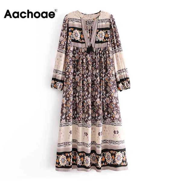 

aachoae vintage printed midi dress women bow tie hollow out loose dresses long sleeve o-neck boho dress vestidos mujer 210413, Black;gray
