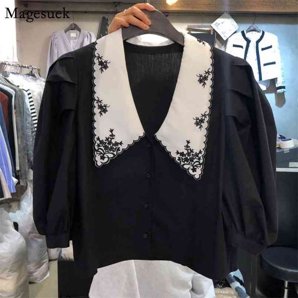 

korean summer women's clothing fashion embroidery blouse blusas solid puff short sleeve floral shirt women loose 14172 210512, White