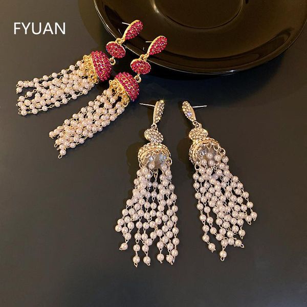 

dangle & chandelier fyuan vintage geometric rhinestones crystal earrings for women long tassel mini beads statement jewelry, Silver