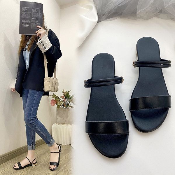 Echtes Leder Sandalen Frauen Sommer Mädchen Sexy Slip-On Open-Toe 2,5 cm Niedrigen Absatz Gummi Laufsohle Hausschuhe schuhe Größe 42 Großhandel Dropshipping