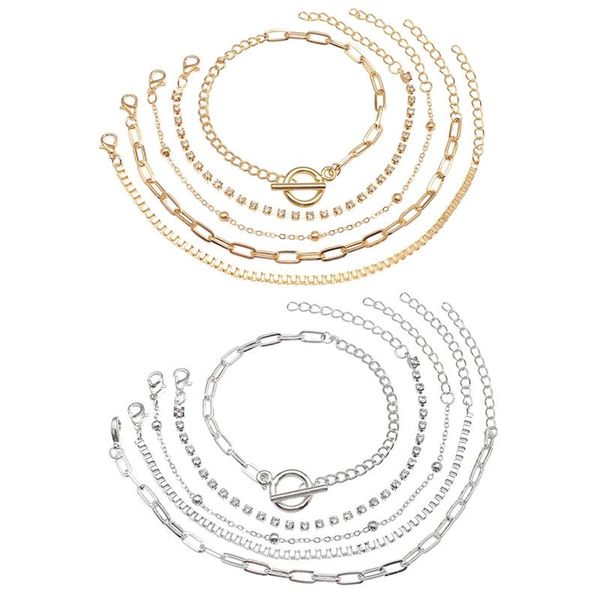 

charm bracelets 5pcs/sets punk chain for women hollow geometric charms bead adjustable bohemian jewelry accessories, Golden;silver
