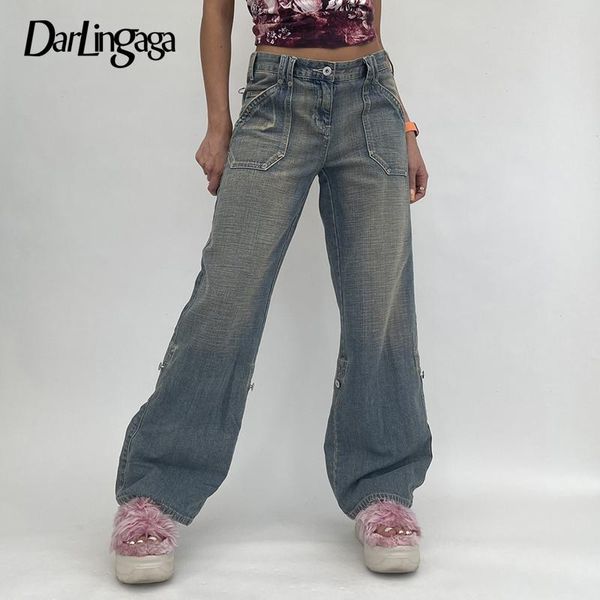 

women's jeans darlingaga streetwear gradient cargo pants women straight baggy retro fashion high waisted boyfriend denim trousers, Blue