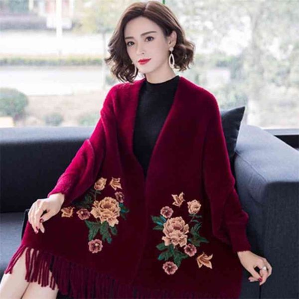 

mink hair embroidered tassel knitted shawl women long-sleeved cardigan thick high-end warm cloak sweater poncho female autumn 210427, White;black
