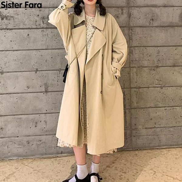 

sister fara fashion turn-down collar trench women loose double breasted overcoat office lady casual windbreaker spring 2021 women's coa, Tan;black