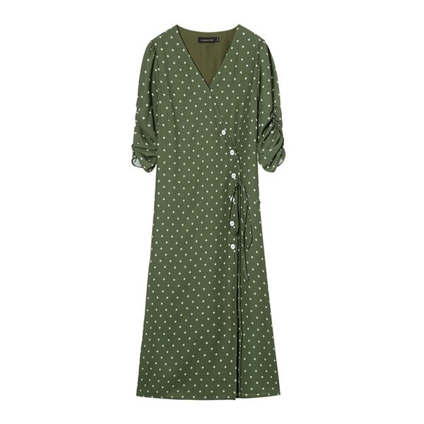 

women v neck half sleeve floral print knee length elegant wrap dress summer red green d1756 210514, Black;gray