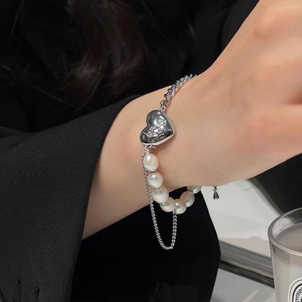 

link, chain ins personality white love stitching bracelet women pearl metal 2021 fashion jewelry, Black