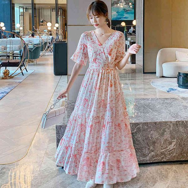 

dresses elegant vintage floral occupation es summer slim long womens chiffon ruffles v-neck party vestidos 2021, Black;gray