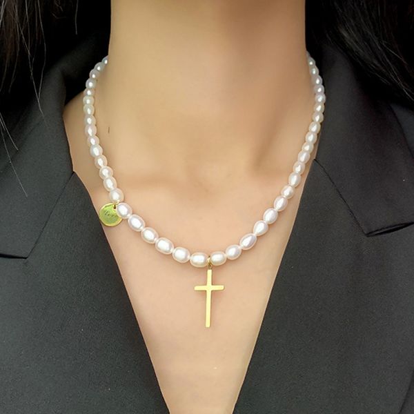 

design jewelry natural freshwater pearl cross necklace, Black