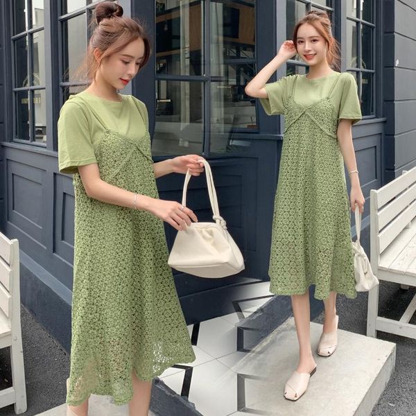 

8135# t shirt + dress maternity clothes solid color loose stylish short sleeves pregnant women pregnancy dresses, White