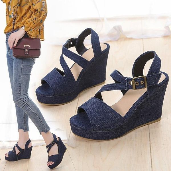 

dress shoes wedge heel sandals women's thick-soled one word buckle fashion large size 2021 summer style women, Black