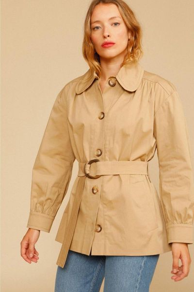 

women's trench coats women coat 2021 autumn and winter product french simple lapel tie short windbreaker jacket 100% cotton, Tan;black