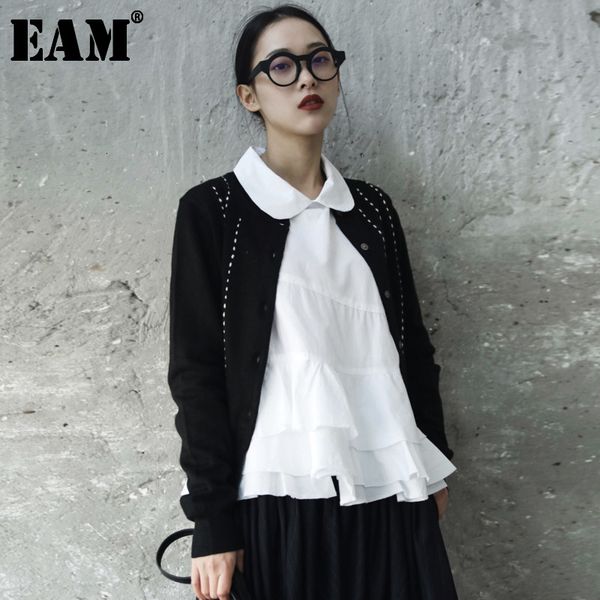 

[eam] black line split knitting sweater cadigan loose fit round neck long sleeve women fashion spring autumn jr500 21512, White;black