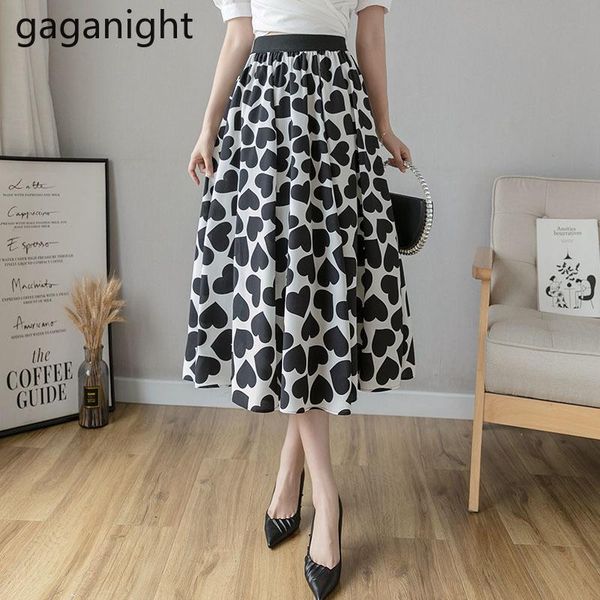 

gaganight 2021 high waist ball gown skirts womens love print mid-calf long skirt summer pleated tutu jupe longue femme, Black