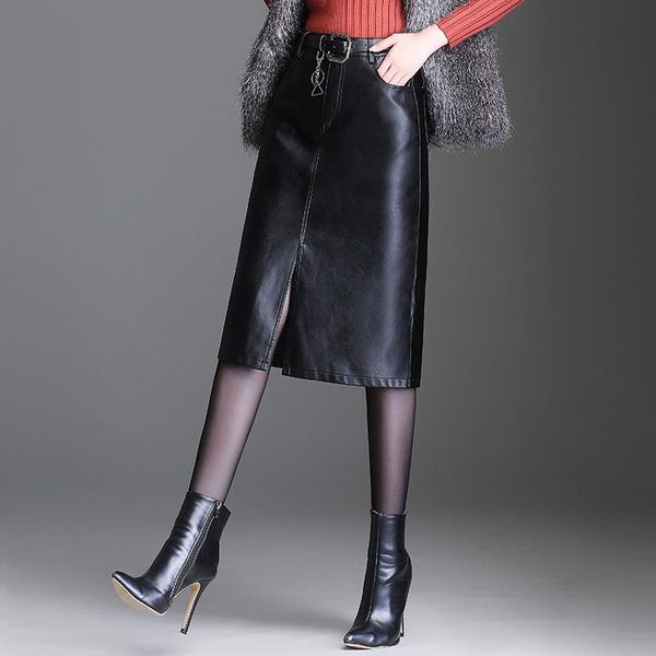 

skirts women girl fund 2021 autumn winters long black leather skirt fashion word tall waist hip