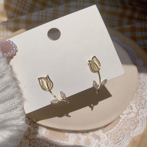 

stud 2021 tulip flower earrings female opal cold wind small high quality, Golden;silver