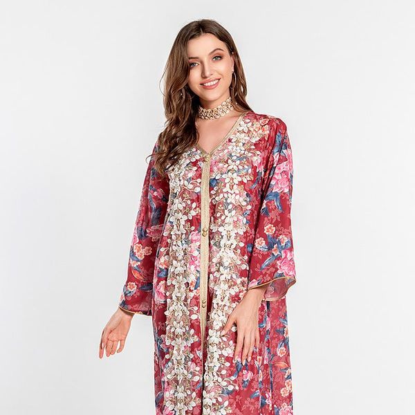 

ethnic clothing wepbel kaftan dresses embroidery abaya muslim dress hand-cranked flower women robe turkey caftan islamic, Red