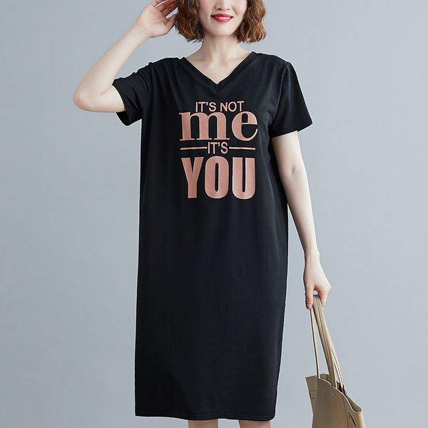 

factorygy2s summer large 2020 v-neck dress spring size and 200kg fat mm show thin knee short sleeve t-shirt skirt, Black;gray