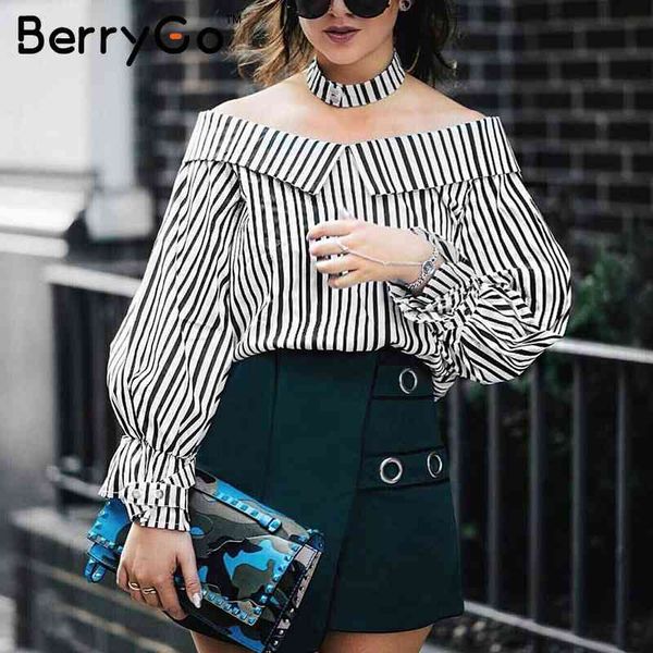 

berrygo long sleeve blouse shirt women summer chemise femme casual blusas off shoulder striped with choker 210513, White