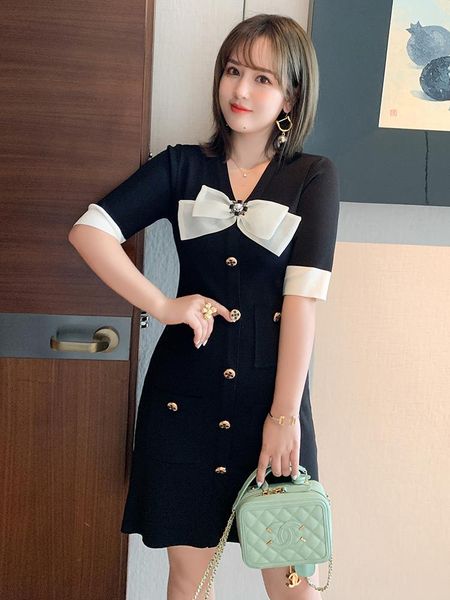 

casual dresses bow v-neck single breasted waist knitted dress for women 2021 summer pattern, Black;gray