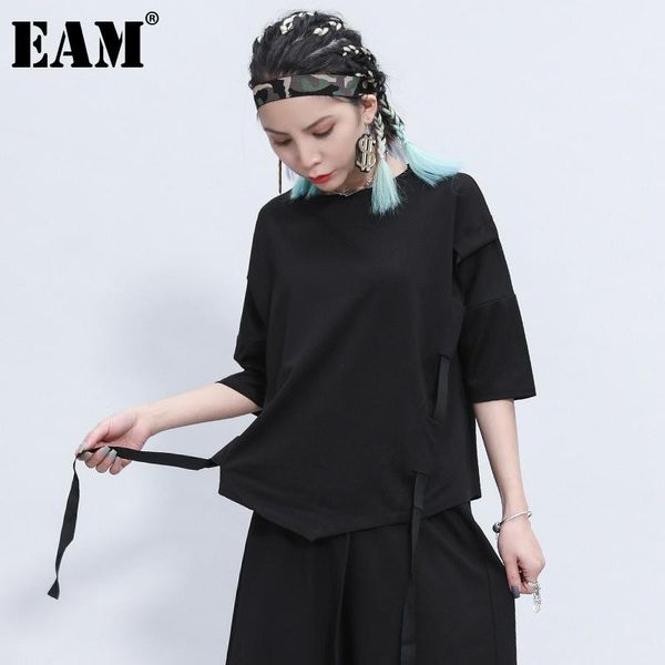 

[eam] women black ribbon split big size t-shirt round neck three-quarter sleeve fashion tide spring summer 2021 1z355 women's, White